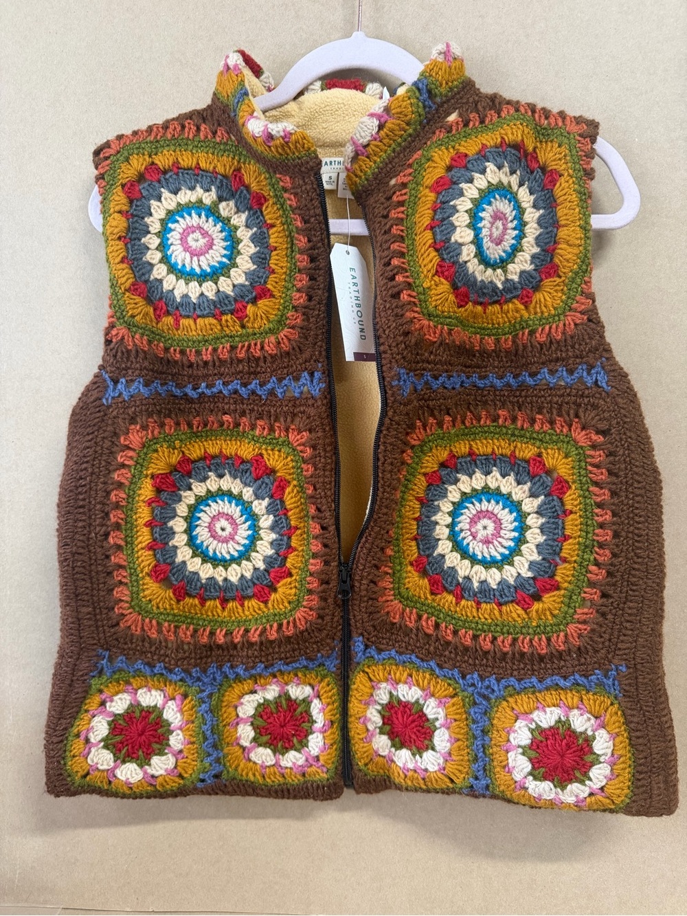 EARTHBOUND Brown Multi-Color Crochet Zip Vest nwt small